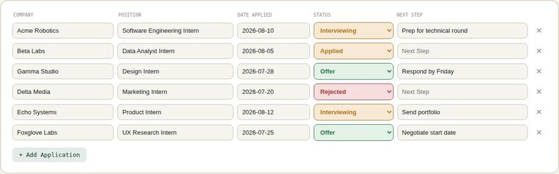 Interactive browser tool log table for Internship Application Tracker Spreadsheet