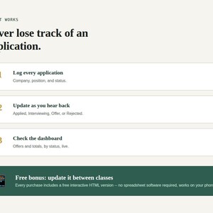 Three step how it works graphic and free bonus tool banner for Internship Application Tracker Spreadsheet