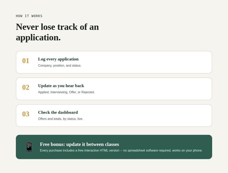 Three step how it works graphic and free bonus tool banner for Internship Application Tracker Spreadsheet
