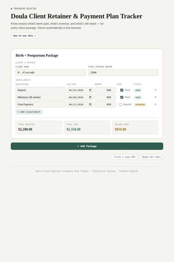 Doula Client Retainer & Payment Plan Tracker — Google Sheets & Excel spreadsheet by ToolWise Digital — view 3