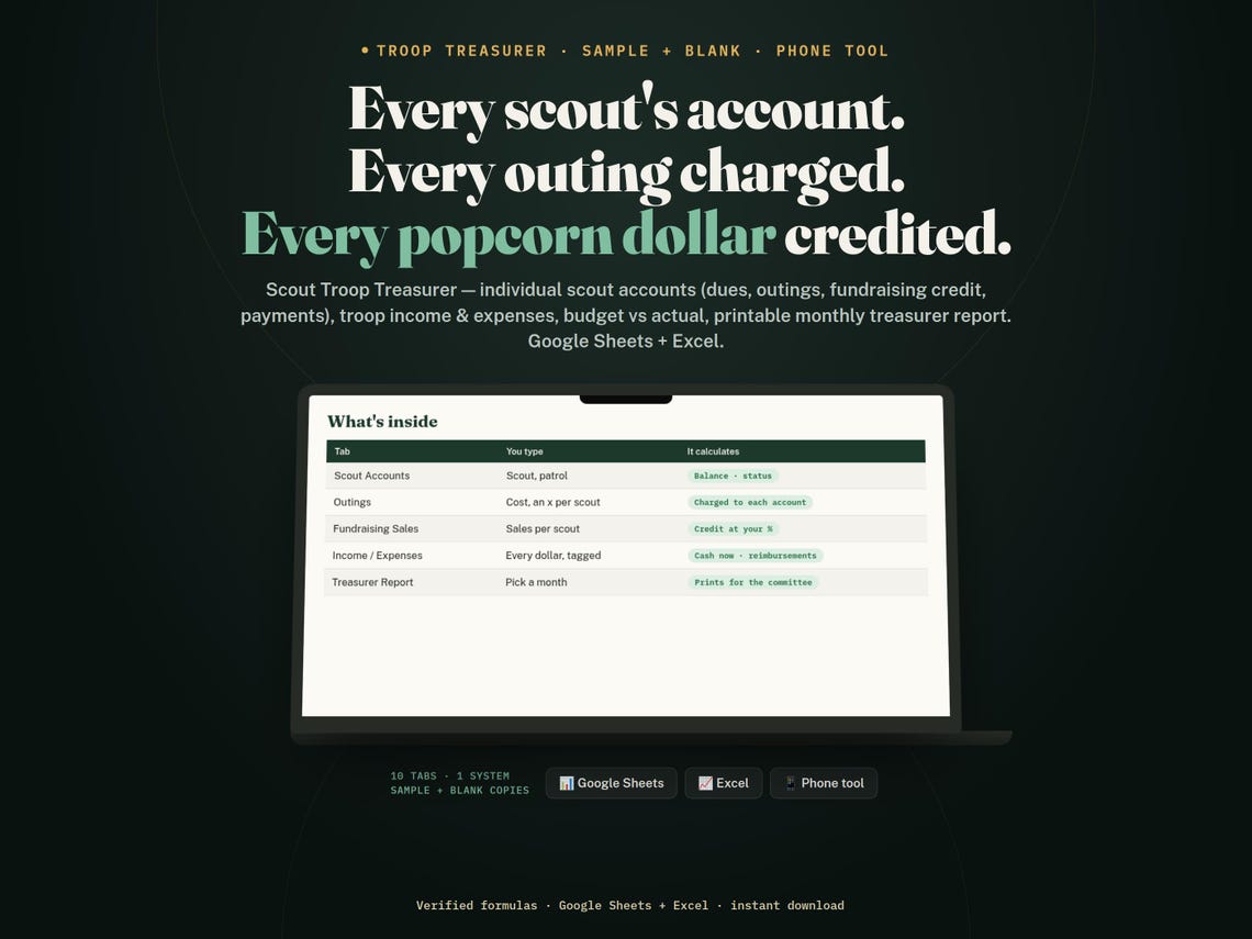Scout Troop Treasurer Spreadsheet — Google Sheets & Excel spreadsheet by ToolWise Digital