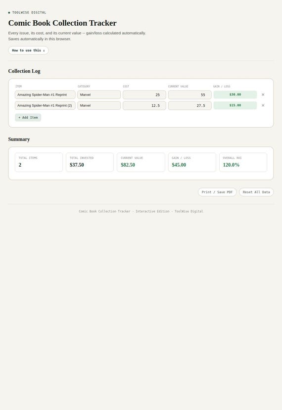 Comic Book Collection Tracker — Google Sheets & Excel spreadsheet by ToolWise Digital — view 3