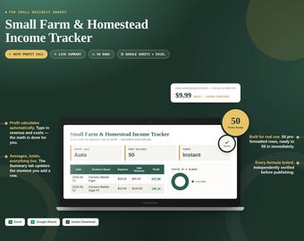 Small Farm & Homestead Income Tracker | Expense, Profit Log (Google Sheets, Excel)
