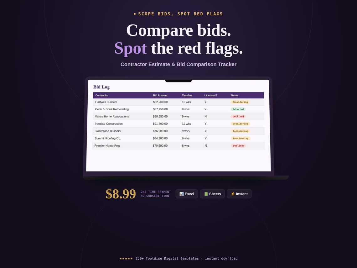 Contractor Estimate & Bid Comparison Tracker Spreadsheet — Google Sheets & Excel spreadsheet by ToolWise Digital