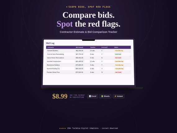 Contractor Estimate & Bid Comparison Tracker Spreadsheet
