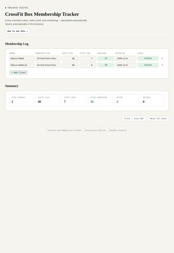 CrossFit Box Membership Tracker — Google Sheets & Excel spreadsheet by ToolWise Digital — view 3