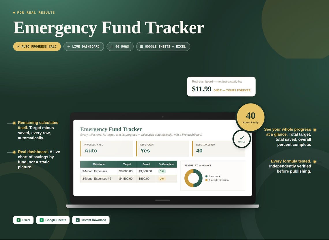 Emergency Fund Tracker — Google Sheets & Excel spreadsheet by ToolWise Digital