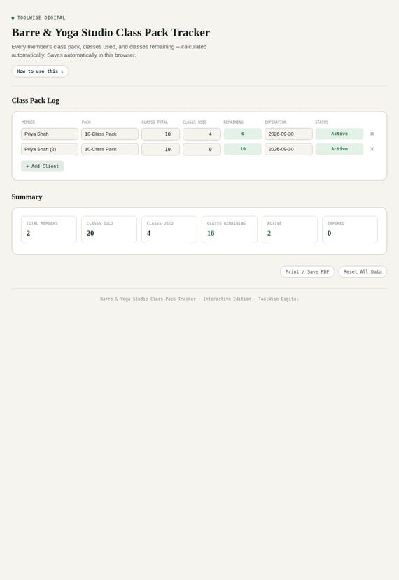 Barre & Yoga Studio Class Pack Tracker — Google Sheets & Excel spreadsheet by ToolWise Digital — view 3
