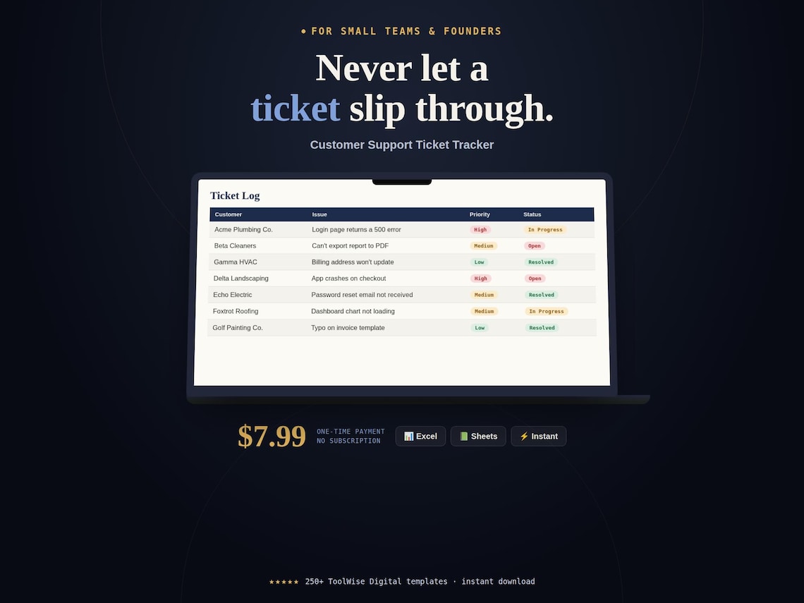 Customer Support Ticket Tracker Spreadsheet — Google Sheets & Excel spreadsheet by ToolWise Digital