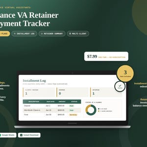 May include: A digital Freelance VA Retainer & Payment Tracker template displayed on a laptop screen. The interface features an Installment Log with columns for description, due date, amount, and status, plus a circular chart for status at a glance.