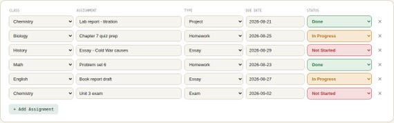 Student Assignment & Homework Tracker — Google Sheets & Excel spreadsheet by ToolWise Digital — view 6