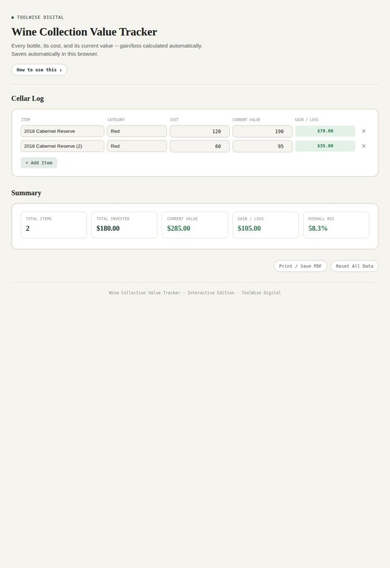 Wine Collection Value Tracker — Google Sheets & Excel spreadsheet by ToolWise Digital — view 3