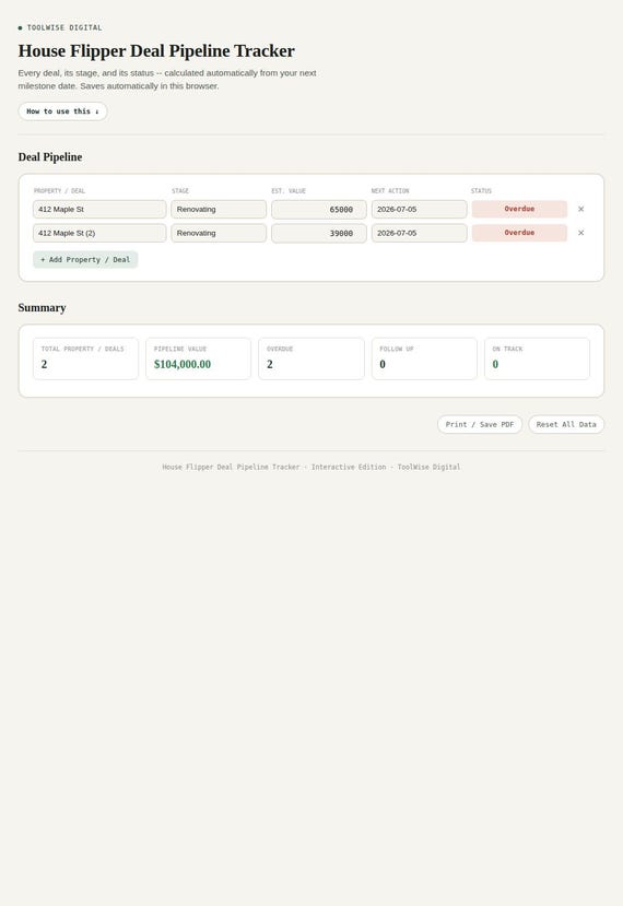 House Flipper Deal Pipeline Tracker — Google Sheets & Excel spreadsheet by ToolWise Digital — view 3