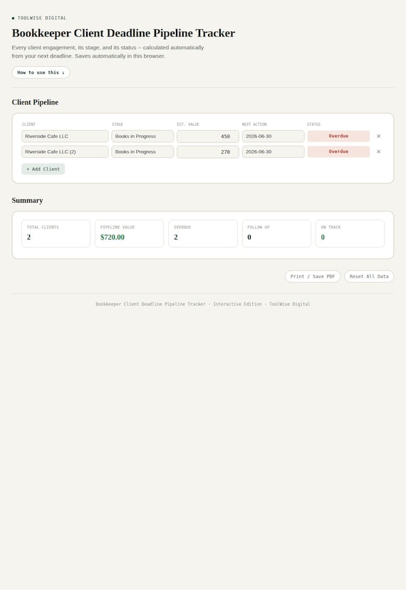 Bookkeeper Client Deadline Pipeline Tracker — Google Sheets & Excel spreadsheet by ToolWise Digital — view 3