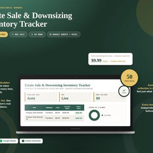 Puede incluir: Un rastreador de inventario digital para ventas de bienes y mudanzas en una pantalla de portátil. La interfaz muestra columnas para artículo, categoría, costo, valor actual y ganancia/pérdida, incluyendo un total de 50 filas disponibles.