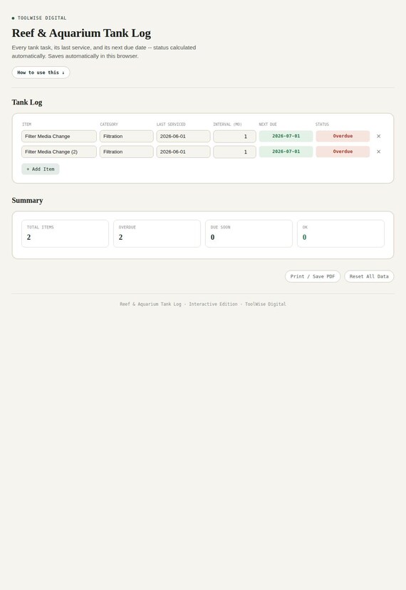 Reef & Aquarium Tank Log — Google Sheets & Excel spreadsheet by ToolWise Digital — view 3
