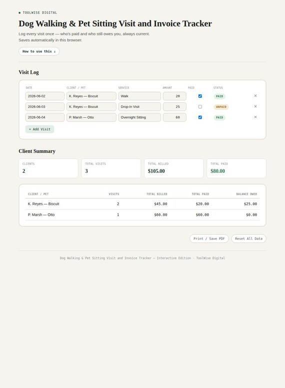 Dog Walking & Pet Sitting Visit and Invoice Tracker — Google Sheets & Excel spreadsheet by ToolWise Digital — view 3