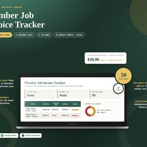 May include: A digital Plumber Job Invoice Tracker spreadsheet displayed on a laptop screen. The interface features columns for client, total due, amount paid, balance, and status, with auto-calculating formulas and a status-at-a-glance pie chart.