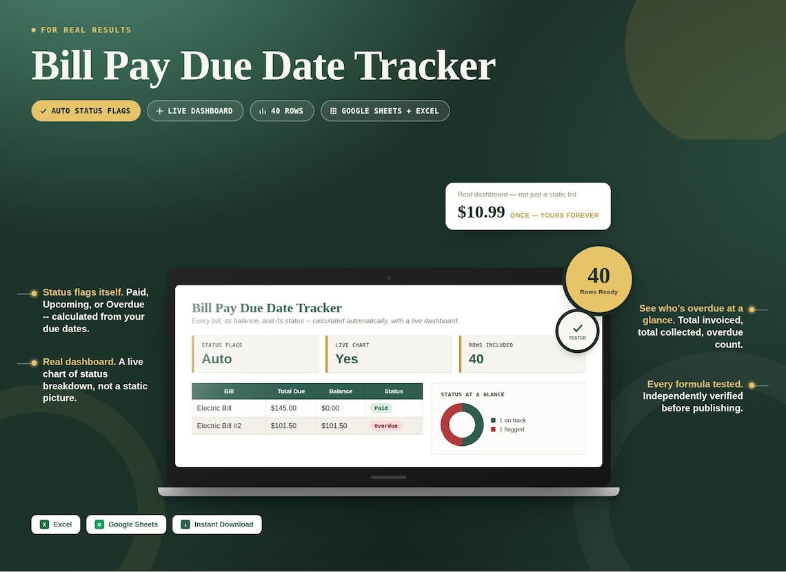 Bill Pay Due Date Tracker — Google Sheets & Excel spreadsheet by ToolWise Digital