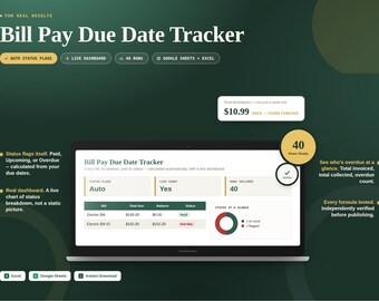 Bill Pay Due Date Tracker | Household Bills Dashboard Spreadsheet (Google Sheets, Excel)