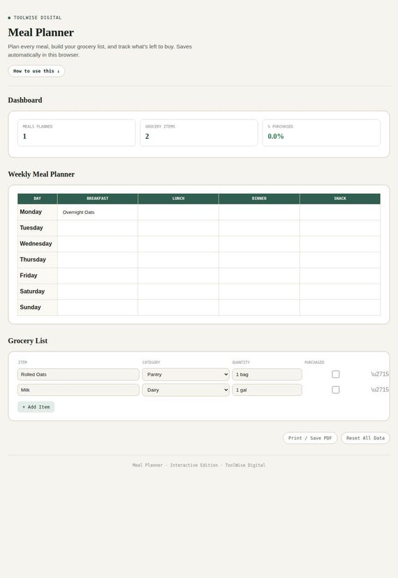 Meal Planner — Google Sheets & Excel spreadsheet by ToolWise Digital — view 3