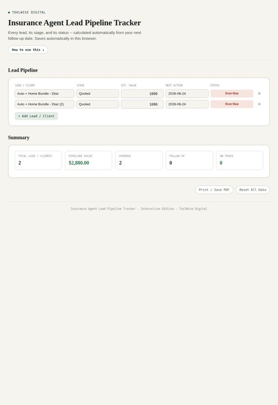 Insurance Agent Lead Pipeline Tracker — Google Sheets & Excel spreadsheet by ToolWise Digital — view 3