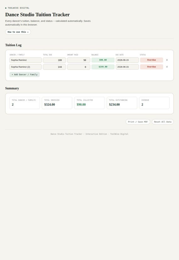 Dance Studio Tuition Tracker — Google Sheets & Excel spreadsheet by ToolWise Digital — view 3