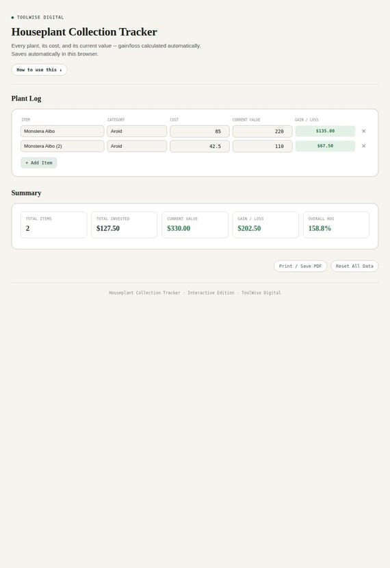 Houseplant Collection Tracker — Google Sheets & Excel spreadsheet by ToolWise Digital — view 3