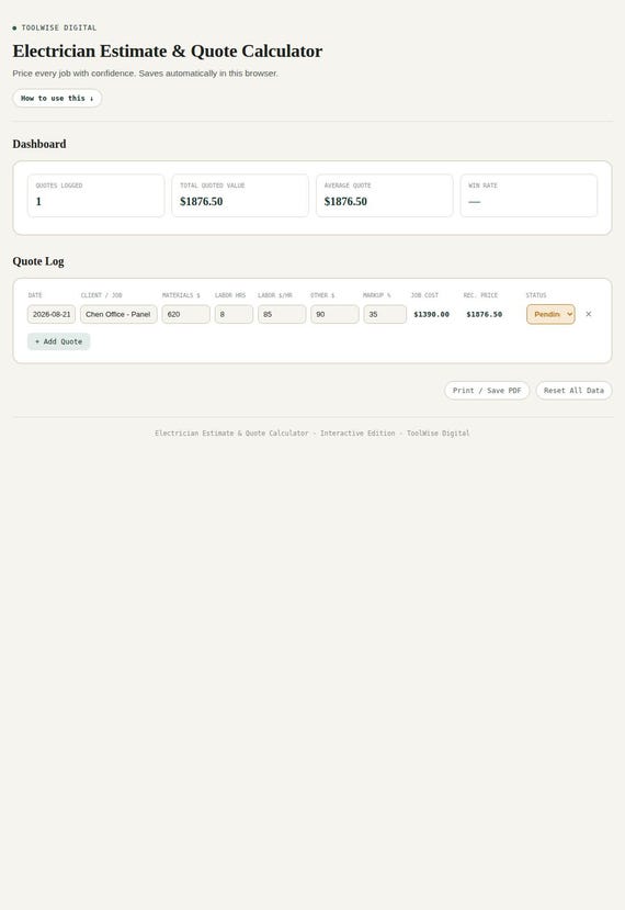 Electrician Estimate & Quote Calculator — Google Sheets & Excel spreadsheet by ToolWise Digital — view 3