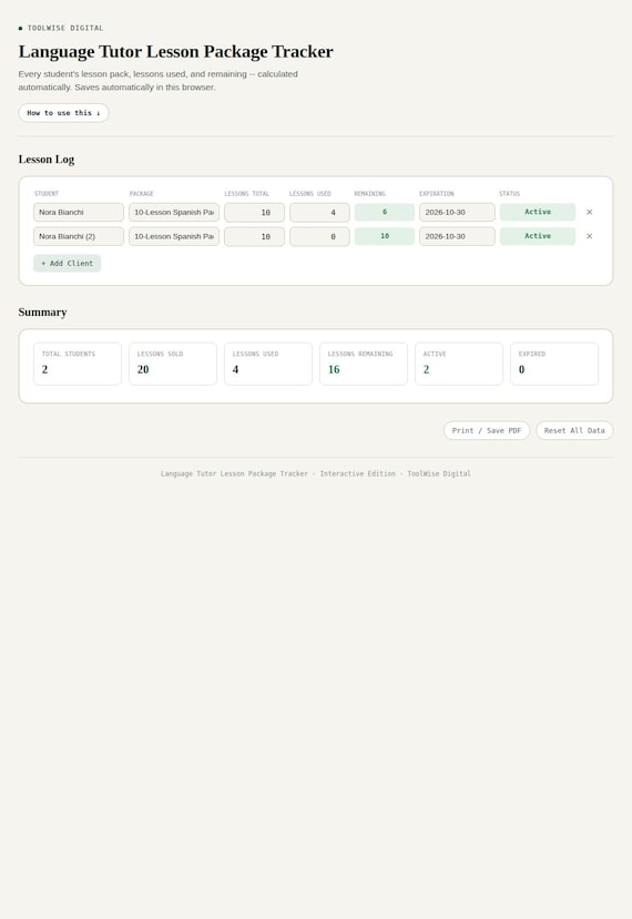 Language Tutor Lesson Package Tracker — Google Sheets & Excel spreadsheet by ToolWise Digital — view 3