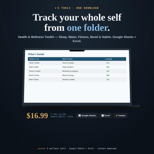 Health and Wellness Toolkit bundle cover showing five wellness spreadsheets, price, and formats