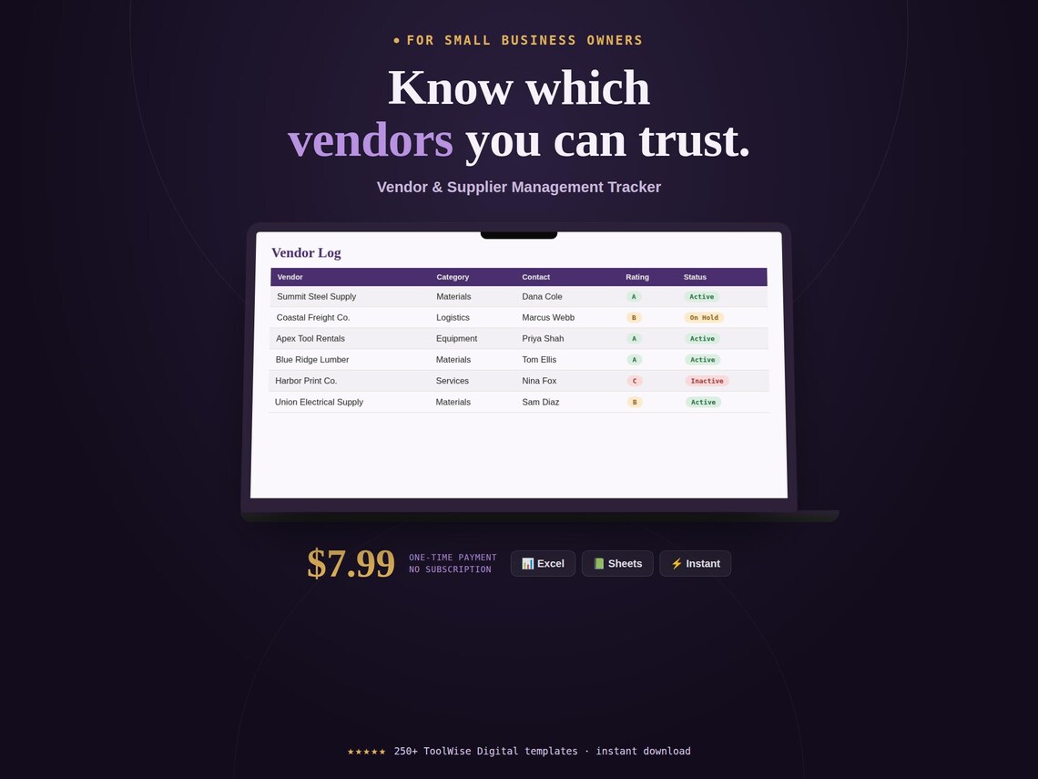 Vendor & Supplier Management Tracker Spreadsheet — Google Sheets & Excel spreadsheet by ToolWise Digital