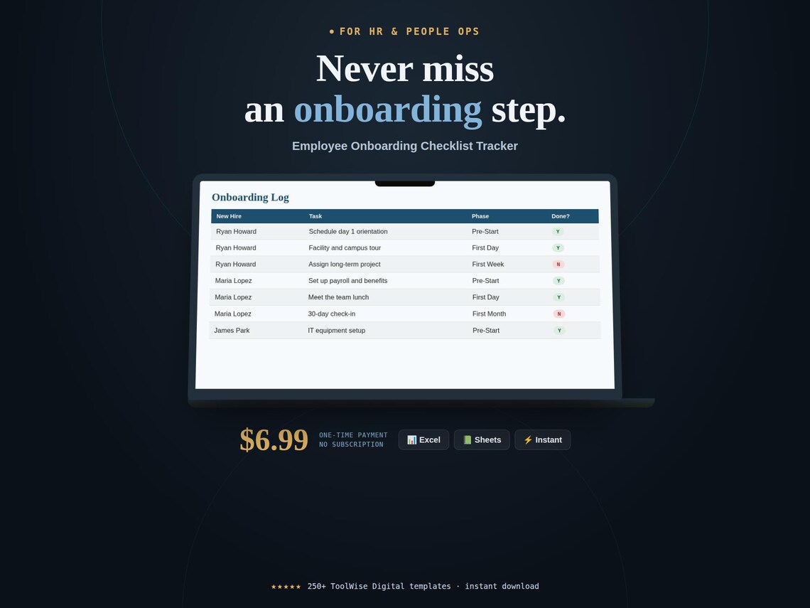 Employee Onboarding Checklist Tracker Spreadsheet — Google Sheets & Excel spreadsheet by ToolWise Digital
