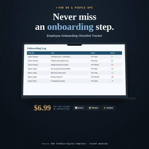 Employee Onboarding Checklist Tracker Spreadsheet | New Hire Log for HR (Google Sheets, Excel)