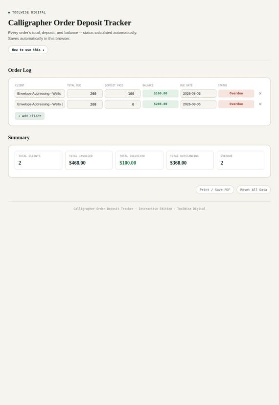 Calligrapher Order Deposit Tracker — Google Sheets & Excel spreadsheet by ToolWise Digital — view 3