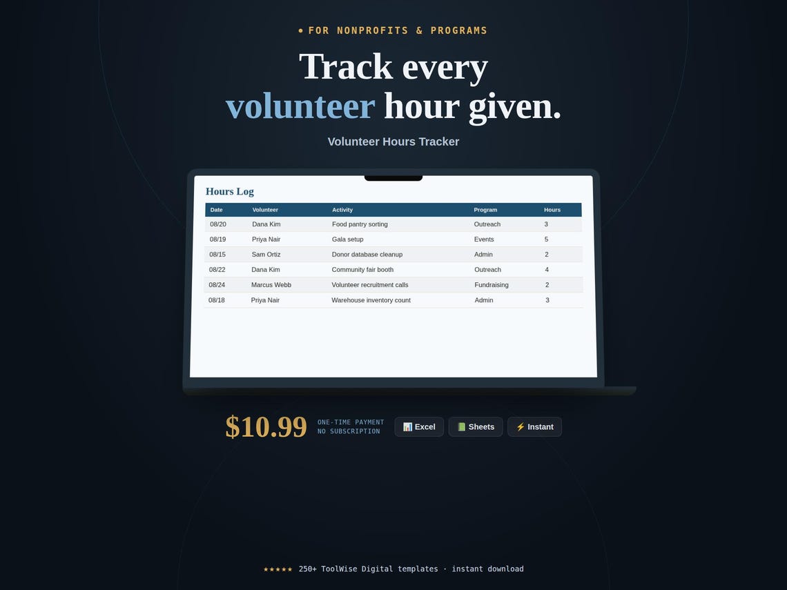 Volunteer Hours Tracker — Google Sheets & Excel spreadsheet by ToolWise Digital