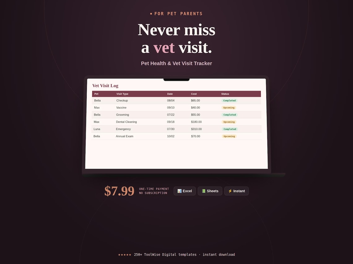 Pet Health & Vet Visit Tracker Spreadsheet — Google Sheets & Excel spreadsheet by ToolWise Digital