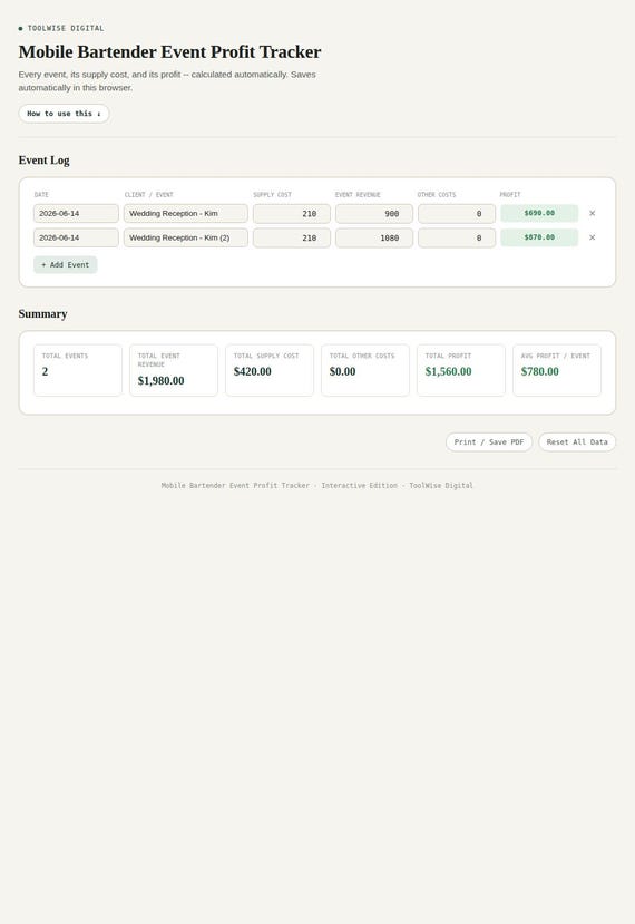 Mobile Bartender Event Profit Tracker — Google Sheets & Excel spreadsheet by ToolWise Digital — view 3