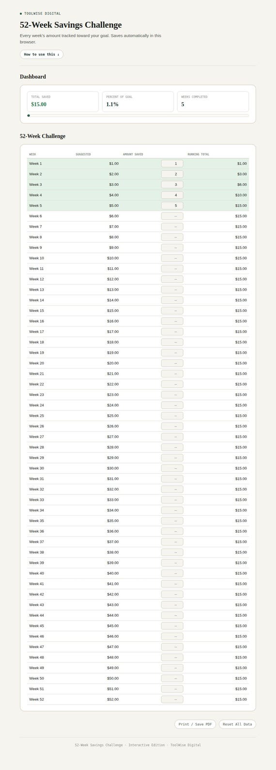 52 Week Savings Challenge Tracker — Google Sheets & Excel spreadsheet by ToolWise Digital — view 3