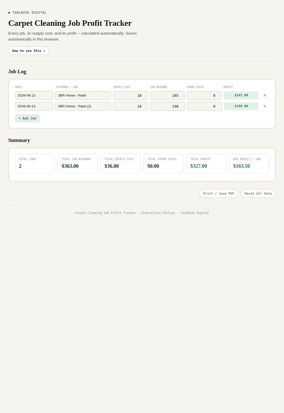 Carpet Cleaning Job Profit Tracker — Google Sheets & Excel spreadsheet by ToolWise Digital — view 3