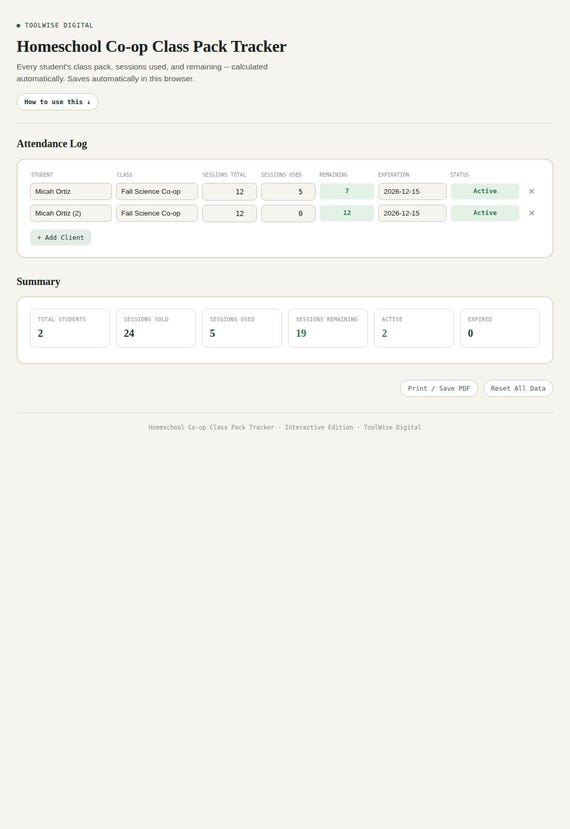 Homeschool Co-op Class Pack Tracker — Google Sheets & Excel spreadsheet by ToolWise Digital — view 3