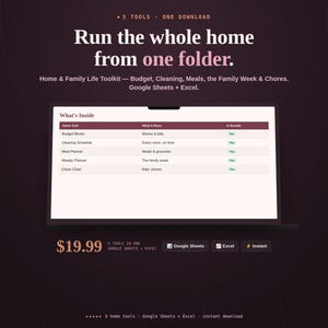Home and Family Life Toolkit bundle cover showing five household spreadsheets, price, and formats