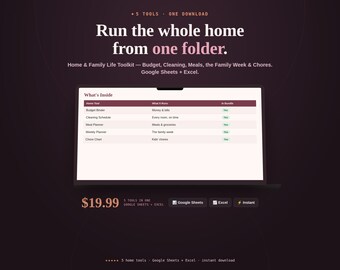 Home & Family Life Toolkit: Budget, Cleaning, Meal Planner, Weekly Planner, Chore Chart (Google Sheets + Excel Download)