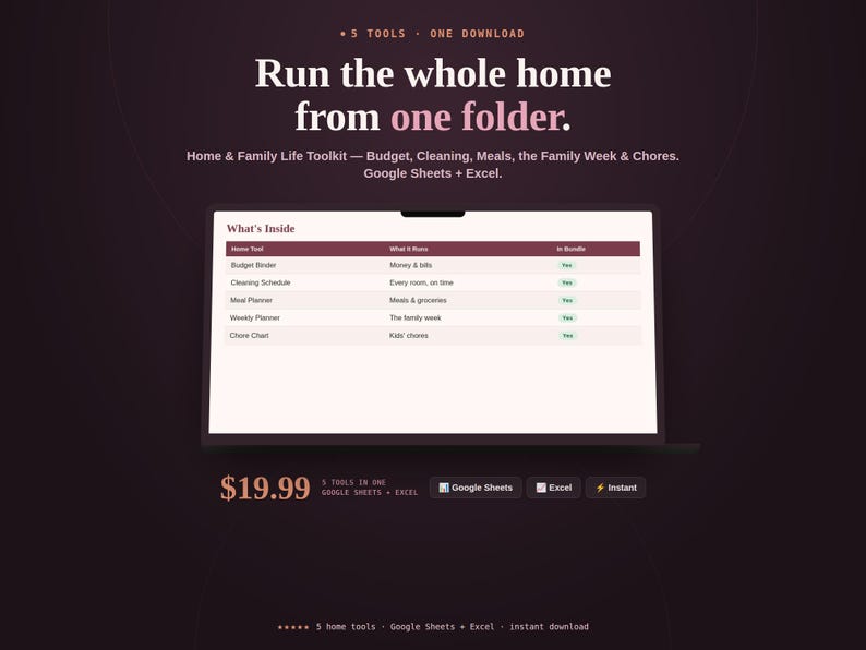 Home and Family Life Toolkit bundle cover showing five household spreadsheets, price, and formats