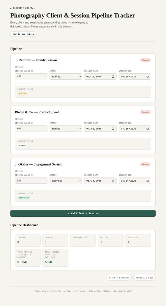 Photography Client & Session Pipeline Tracker — Google Sheets & Excel spreadsheet by ToolWise Digital — view 3