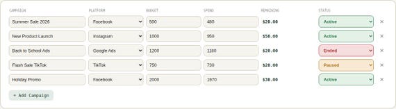 Marketing Campaign & Ad Spend Tracker Spreadsheet — Google Sheets & Excel spreadsheet by ToolWise Digital — view 6