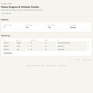 Fitness progress and workout tracker tool showing workouts, reps, and progress