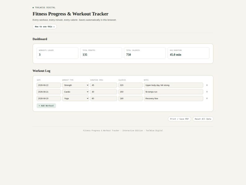 Fitness progress and workout tracker tool showing workouts, reps, and progress