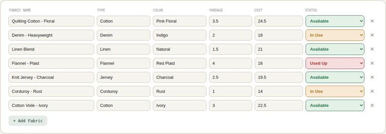 Interactive browser tool log table for Sewing & Fabric Stash Inventory Tracker