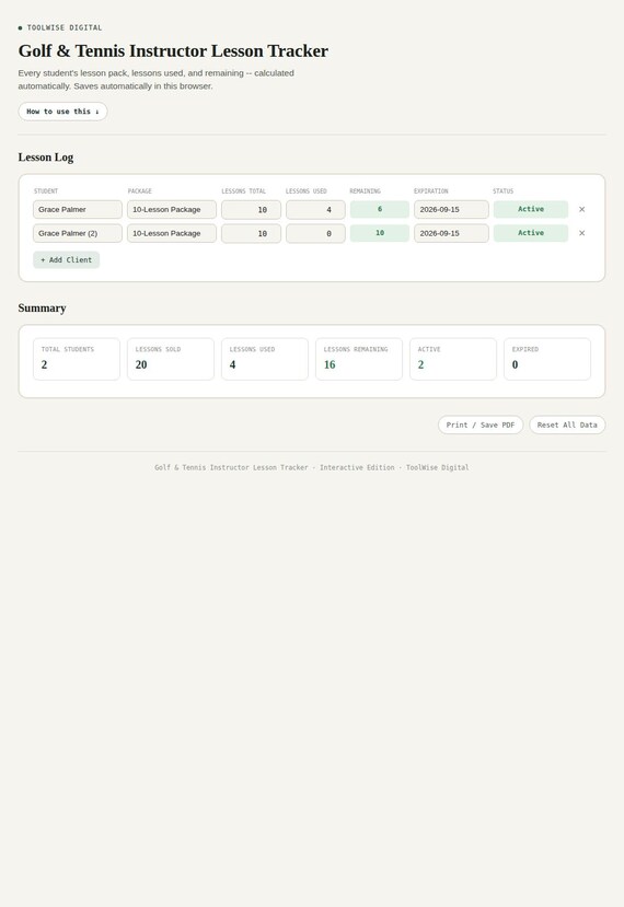 Golf & Tennis Instructor Lesson Tracker — Google Sheets & Excel spreadsheet by ToolWise Digital — view 3